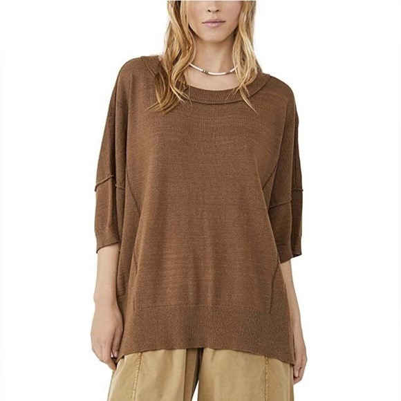Free People Work From Home Sweater Tee Brown Size XS Minimalist Half Sleeve - Picture 1 of 16